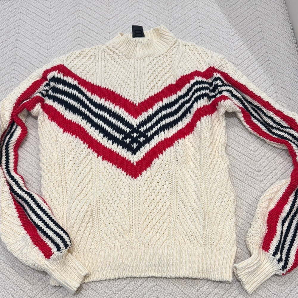 Women's Cream and Red Striped Turtleneck Sweater